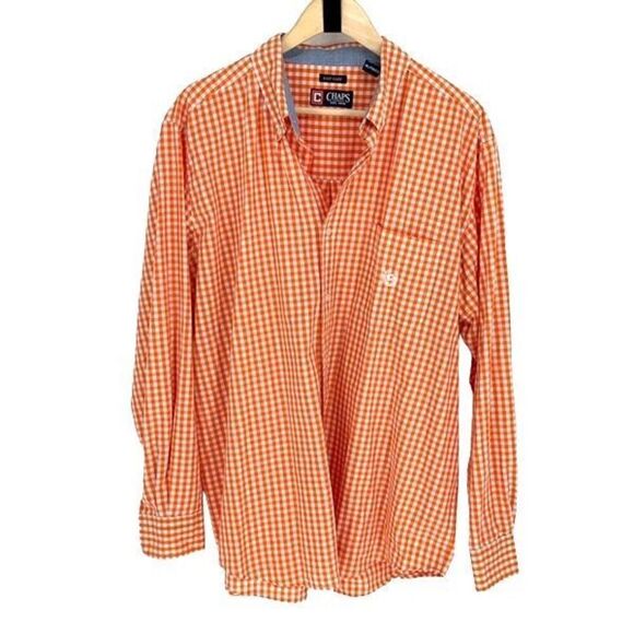 Chaps‎ Est. 1978 Mens Easy Care Plaid Long Sleeve Button Down Shirt Orange Sz XL - Picture 1 of 7